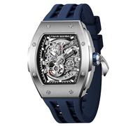 TSAR BOMBA Men's Automatic Watch Tonneau Luxury Skeleton Watches for Men Mechanical 50M Waterproof Analogue Watches Mens Unique Cool Square Big Face Dial Wristwatch with Silicone Strap Band, Silver