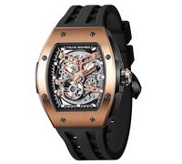 TSAR BOMBA Men's Automatic Watch Tonneau Luxury Skeleton Watches for Men Mechanical 50M Waterproof Analogue Watches Mens Unique Cool Square Big Face Dial Wristwatch with Silicone Strap Band, 28A-Rose
