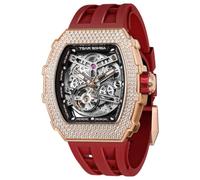 TSAR BOMBA Men's Automatic Watch Tonneau Luxury Skeleton Watches for Men Mechanical 50M Waterproof Analogue Watches Mens Unique Cool Square Big Face Dial Wristwatch with Silicone Strap Band, D-rosered