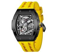 TSAR BOMBA Men's Automatic Watch Tonneau Luxury Skeleton Watches for Men Mechanical 50M Waterproof Analogue Watches Mens Unique Cool Square Big Face Dial Wristwatch with Silicone Strap Band, 28A-Black