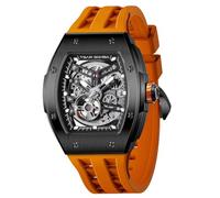 TSAR BOMBA Men's Automatic Watch Tonneau Luxury Skeleton Watches for Men Mechanical 50M Waterproof Analogue Watches Mens Unique Cool Square Big Face Dial Wristwatch with Silicone Strap Band, 28A-Black