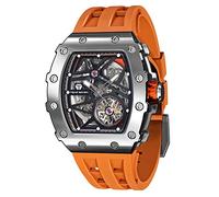 TSAR BOMBA Men's Automatic Watches Luxury Skeleton Mechanical Watch for Men 50M Waterproof Luminous Analogue Work Wrist Watch Sliver Stainless Steel Fashionable Tonneau Big Face Silicone Strap