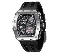 TSAR BOMBA Men's Automatic Watches Luxury Skeleton Mechanical Watch for Men 50M Waterproof Luminous Analogue Work Wrist Watch Sliver Stainless Steel Fashionable Tonneau Big Face Silicone Strap