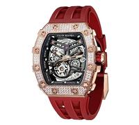TSAR BOMBA Men's Watch Automatic 50M Waterproof Mechanical Wristwatch Skeleton Tonneau Design Luxury Square Stylish Sports Work Analogue Watches for Men Gift for Men Silicone Strap