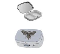 Tsar Honey Bee Pewter Silver Metal Pill Box, 2 Slot Medicine Organizer, Rectangle Travel Tablet Case, 60x40x15mm