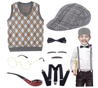 Tsawntd Old Man Costume for Kids, Fun 100 Days School Old Man Costume Includes Hat, Glasses, Vest and More, Role-Playing Kids Grandpa for Party, M