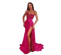 Tsbridal Glitter Sequin Prom Dresses Satin Mermaid Slit Bridesmaid Dress Sparkly Stretch Long Formal Wedding Gown with Train, Hot Pink, 10
