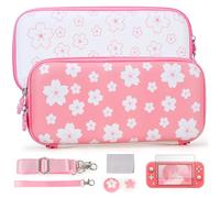 Tscope Cute Carrying Case for Nintendo Switch Lite, Sweet Pink Sakura Flowers Portable Travel Protecive Shell Storage Bag Bundle Kit &Tempered Screen Protector, Thumb Grip Caps for NS Consolo (Pink/White)