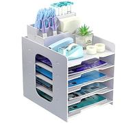 TSDRBWO 5 Tier Letter Tray, Wooden Filing Tray for Office Desk, Desk Organiser Tray With Pen Holder, Paper Filing Tray Folder Wood, Desk Tidy Organizer A4, File Document Holder for Home Office School