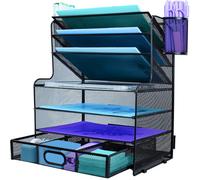 TSDRBWO 7 Tier Desk File Organizer, Paper Tray Desk Organiser, Letter Tray Paper Organizer with Pen Holder and Metal Hanging Basket, Black