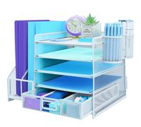 TSDRBWO Desk Organiser File Holder With 2 Pen Holder, 5 Tier Paper Letter Tray Organiser with Drawer,Mesh Desktop Storage with Magazine Holder for Office Supplies, White