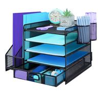 TSDRBWO Desk Organiser File Holder With 2 Pen Holder, 5 Tier Paper Letter Tray Organiser with Drawer,Mesh Desktop Storage with Magazine Holder for Office Supplies, Black