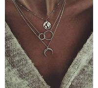 TseanYi Boho Layered Necklace Chain Silver Circle Moon Map Pendant Necklace Choker Eternal Karma Clavicle Necklace Jewelry for Women and Girls (Silver)