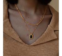 TseenYi Black Square Onyx Pendant Necklace Gold Chain Layered Necklace Boho Black Square Gemstone Necklace Vintage Obsidian Square Crystal Necklace Chain Jewelry for Women and Girls Gifts