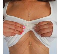 TseenYi Boho Crystal Body Chain Gold Chest Chain Necklace Cz Tassel Layered Body Chain Rhinestone Bikini Chain Party Nightclub Bra Chain Summer Beach Body Jewelry for Women and Girls Gifts