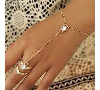 TseenYi Boho Crystal Gold Rhinestone Bracelet - Vintage Geometric Slave Bracelet Open Ring Chain Handpiece Jewelry for Women and Girls Gifts
