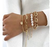 TseenYi Boho Layered Bracelet Set Gold Chain Bracelet Sets Baroque Pearl Stacked Bracelet Tiny Beads Chain Bracelet Bangle Jewelry for Women and Girls Gift Valentine's Day Christmas