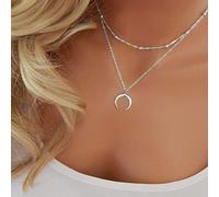 TseenYi Boho Layered Necklace Silver Crescent Moon Pendant Double Horn Necklaces Bead Choker Clavicle Chain Jewelry for Women and Girls (Silver)