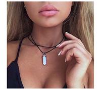 TseenYi Boho Necklace Hexagonal Moonstone Pendant Necklace Black Layered Suede Necklaces Choker Short Black String Gothic Necklaces Jewelry for women and Girls