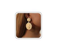 TseenYi Coin Lion Head Earrings Gold Textured Coin Dangle Earrings Portrait Loin Head Drop Earring Hammered Geometric Round Charm Earirng Personality Ear Jewelry