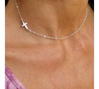 TseenYi Cross Pendant Necklace Chain Silver Sidesway Cross Choker Necklace Short Chain Religion Necklace Jewelry for women and Girls (Silver)