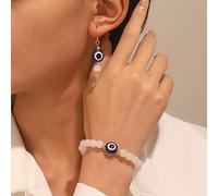 TseenYi Evil Eye Earrings Bracelet Set Opal Crystal Beaded Bracelet Evil Eye Opal Drop Hoop Earrings Evil Eye Bracelet Jewelry for Women and Girls(Gold)