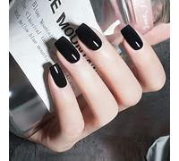 TseenYi False Nails Pure Black Long Square Head False Nails Solid Color Full Cover Shiny Coffin Fake Nails for Women and Girls(24 Pieces)