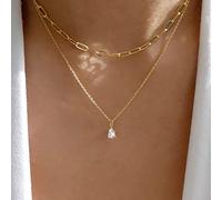 TseenYi Gold Layered Necklace Boho Cz Teardrop Pendant Necklace Vintage Layering Paperclip Chain Necklace Pear Crystal Necklace Chain Jewelry for Women Girls Gifts