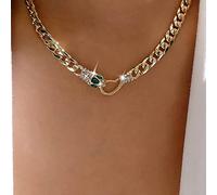 TseenYi Gold Snake Pendant Necklace, Chunky Chain Choker, Green Crystal, Vintage Serpent Necklace, Thick Curb Chain, Women's Boho/Vintage Jewelry