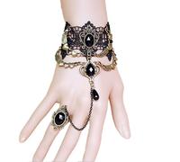 TseenYi Gothic Lace Ring Bracelet With Black Crystal Dangle - Vintage Heart Wing Slave Finger Chain - Lace Jewelry for Women and Girls (Black)