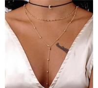 TseenYi Layered Lariat Necklace Choker Boho Beaded Lariat Y Necklace Small CZ Moon Pendant Necklace Tiny Bead Chain Long Lariat Necklace Jewelry for Women and Girls(Gold)