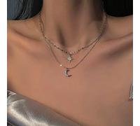 TseenYi Moon Star Layered Necklace Crystal Crescent Choker Small Moon Silver Sparkling Cz Necklace Jewelry for Women and Girls Gifts