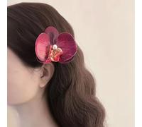 TseenYi Orchid Hair Clip - Large Red Fabric Floral Butterfly Pearl Bridal Wedding Headpiece - Two Way Hair Jewelry