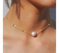 TseenYi Single Pearl Choker Necklace Gold Pearl Pendant Necklace Chain Boho Satellite Necklaces Jewelry for Women and Girls (Gold)