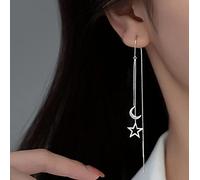 TseenYi Star Moon Threader Earring Long Tassel Chain Threader Earring Hollow Moon Star Tassel Dangling Earring Silver Bar Dangle Treader Earring Jewelry Gifts for Women Girls Gifts