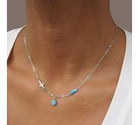 TseenYi Turquoise Cross Necklace Choker Silver Evil Eye Pendant Necklace Chain Adjustable Clavicle Chain Necklaces Religion Protection Jewelry for Women and Girls (Silver)