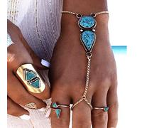 TseenYi Turquoise Finger Ring Bracelet Silver Wrist Finger Bracelet Boho Slave Chain Bracelet Hand Harness Chain Jewelry for Women and Girls