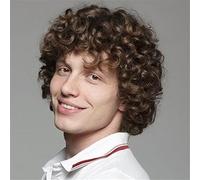 Tseses Brown Curly Short Afro Wig for Male Guy California Mens Cosplay Costume Daily Hair Synthetic Heat Resistant Mens Full Wigs