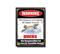 TSEZLOJH Retro Tin Sign Happy Bird Duck This Property is Protected by Highly Trained Ducks Not Responsible for in Jury Or Possible Death Caution Warning Notice 12X16 inch-Metal Frame Tin Painting