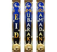 Tsffae 2 in 1 Ramadan Eid Mubarak Door Banner for Home Decorations Black Gold 180 x 30cm/70.9 x 11.8in