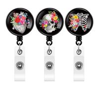 Tsffae Halloween Badge Reel, 3pcs Floral Skull Heart Badge Holder, Retractable Nurse Badge Holder, Id Name Badge Holder for Students Nurses Teachers Office
