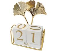 Tsffae Wooden Block Calendar for Desk, 1pc Desktop Perpetual Calendar, Modern Metal Leaf Sculpture Month Date Display Blocks Desk Calendar for Home Office Decor