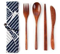 Tsffae Wooden Tableware Set 4pcs Japanese Style Spoon Fork Chopstick Knife with Bags Portable Dinnerware Reusable Travel Cutlery for Kitchen Home Restaurant Travel