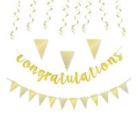 TSHAOUN 10 Pcs Gold Congratulations Graduation Banner Triangle Flag Banner, Congrats Grad Banner Glitter Decoration for Wedding Retirement Graduation Anniversary Baby Shower Party Decorations (Gold)