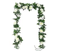 TSHAOUN 2 Pack Artificial Rose Vines Garland Fake Flower Plants Arts Hanging Decoration for Outdoor Indoor Home Kitchen Garden Office Wedding Ceremony Hotel Party 2 x 7.5 FT (White)