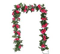 TSHAOUN 2 Pack Artificial Rose Vines Garland Fake Flower Plants Arts Hanging Decoration for Outdoor Indoor Home Kitchen Garden Office Wedding Ceremony Hotel Party 2 x 7.5 FT (Rose Red)