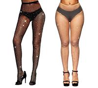 TSHAOUN 2 Pack Rhinestone Fishnet Tights for Women, Stretchy Rhinestone Glitter Tights Sparkly Tights Diamond Fishnet Stockings, for Parties, Proms, Role Play, Halloween, 2 Colour (Black,Nude)