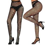 TSHAOUN 2 Pairs Black Rhinestone Fishnet Tights for Women, Sparkly High Waist Tights Pantyhose Glitter Mesh Tights Diamond Fishnet Stockings for Party, Holiday, Dancing, Role Play, Halloween