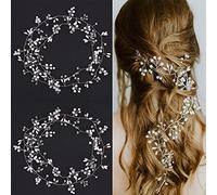 TSHAOUN 2 Pcs Bridal Hair Vines Crystals Wedding Headpieces Hairband Rhinestones Accessories, Pearl Headband for Bridesmaid Flowergirls (50cm, Silver)