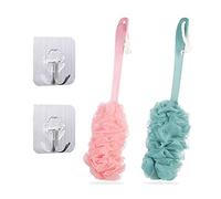TSHAOUN 2 Pieces Long Handle Bath Brush, Shower Body Brushes with Bath Net Sponge Soft Mesh, Back Brush Scrubber Shower Loofah for Men and Women Exfoliating and Removing Dead Skin (Blue and Pink)